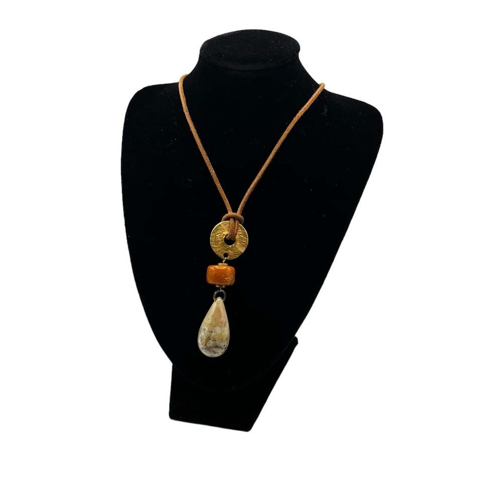 Large Teardrop Necklace Leather Strand Peach Marble Acrylic Brass Coin